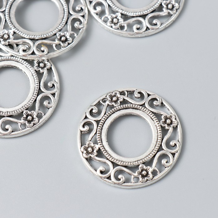 Декор для творчества металл "Круглая рамка цветочная" серебро 3,3х3,3 см - Фото 1