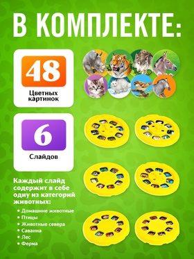 Проектор - фонарик «Весёлые зверята», 6 слайдов, 48 картинок
