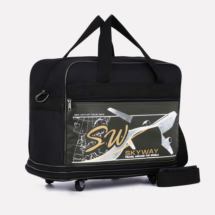 Сумка дорожная на колёсах, отдел на молнии с увеличением, наружный карман, длинный ремень, цвет чёрный/зелёный