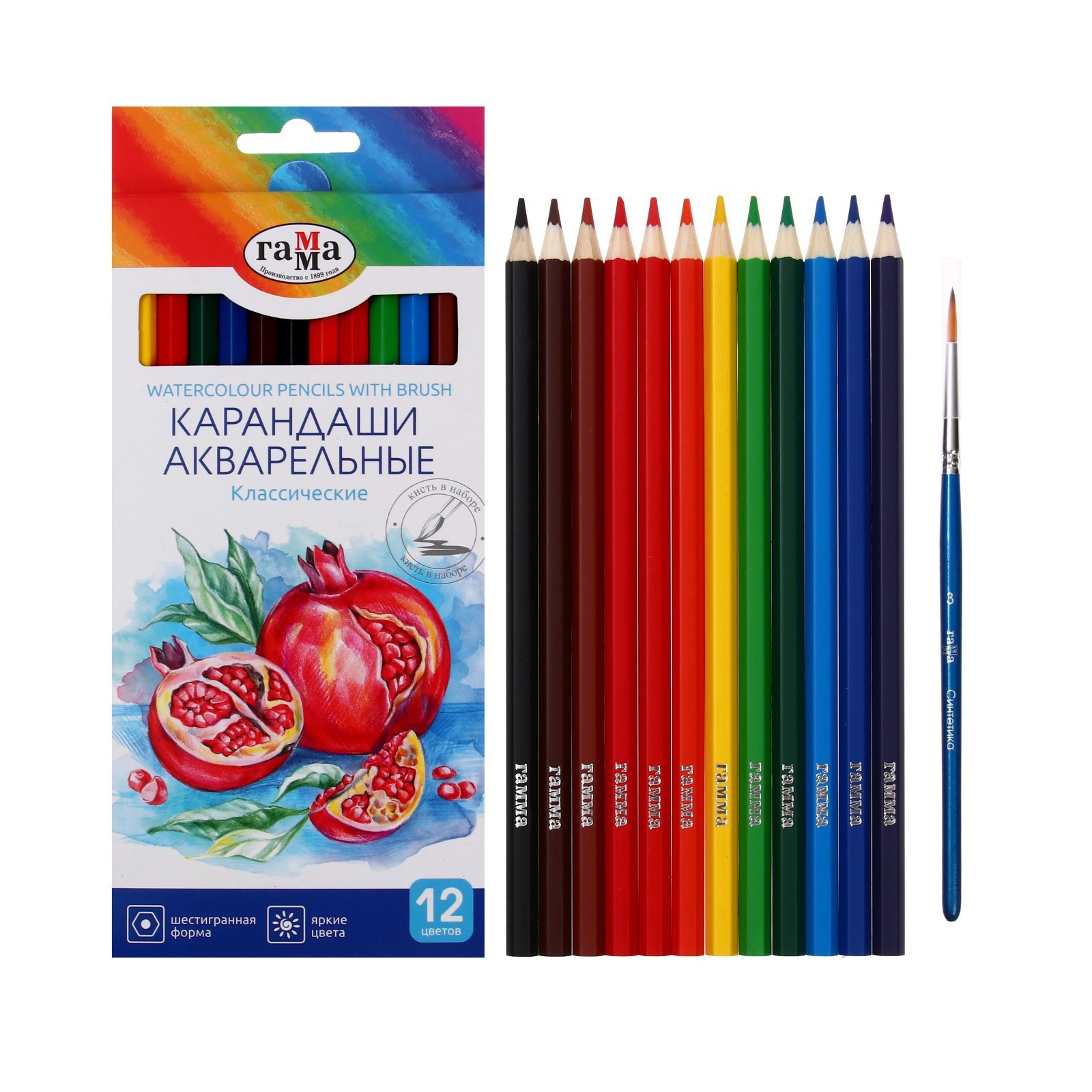 Карандаши акварельные 12 цветов, Гамма "Классические", с кистью ...