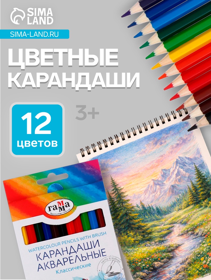 Карандаши цветные акварельные 12 цветов, «Гамма. Классические», с кистью, шестигранные, заточенные, картонная упаковка - Фото 1