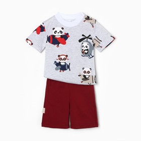 Комплект (футболка/шорты) детский, цвет бордо/панды, рост 62 см