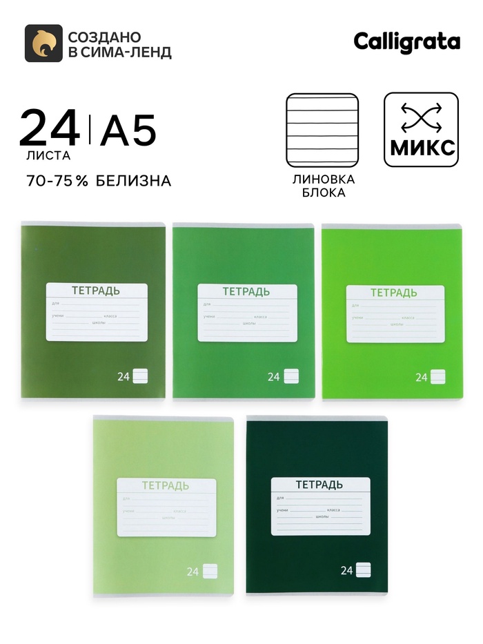 Тетрадь 24 листа в линейку Calligrata «Однотонная Школьная. Эконом», обложка мелованная бумага, серые листы, МИКС - Фото 1