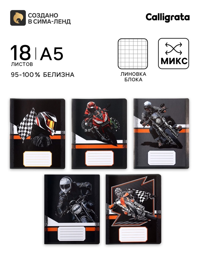 Тетрадь 18 листов в клетку Calligrata Racing, обложка мелованная бумага, ВД-лак, блок офсет, белизна 95%, МИКС - Фото 1