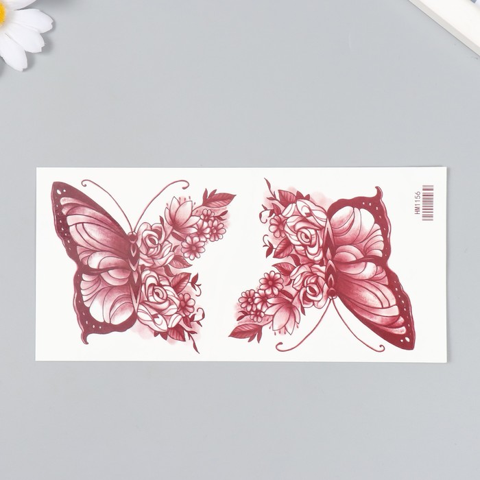 Татуировка на тело чёрная "Бабочки с цветочным крылом" 9х19 см - Фото 1