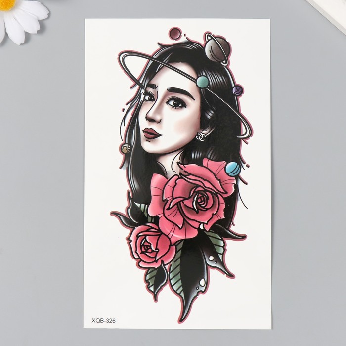 Татуировка на тело чёрная, цветная "Девушка, космос и розы" 12х18,8 см - Фото 1