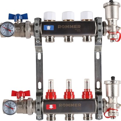 Коллектор ROMMER RMS-1210-000002, 1"х3/4", 2 выхода, в сборе с расходомерами, нерж. сталь