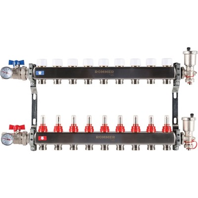 Коллектор ROMMER RMS-1210-000009, 1"х3/4", 9 выходов, в сборе с расходомерами, нерж. сталь