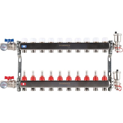 Коллектор ROMMER RMS-1210-000010, 1"х3/4", 10 выходов, в сборе с расходомерами, нерж. сталь