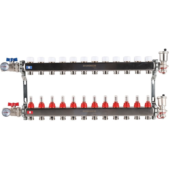 Коллектор ROMMER RMS-1210-000012, 1"х3/4", 12 выходов, в сборе с расходомерами, нерж. сталь - Фото 1