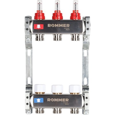 Коллектор ROMMER RMS-1200-000003, 1"х3/4", 3 выхода, с расходомерами, нержавеющая сталь