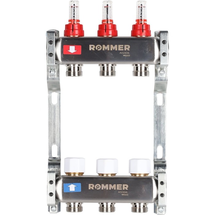 Коллектор ROMMER RMS-1200-000003, 1"х3/4", 3 выхода, с расходомерами, нержавеющая сталь - Фото 1