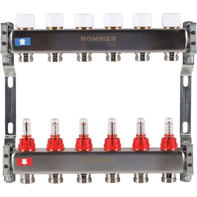 Коллектор ROMMER RMS-1200-000006, 1"х3/4", 6 выходов, с расходомерами, нержавеющая сталь