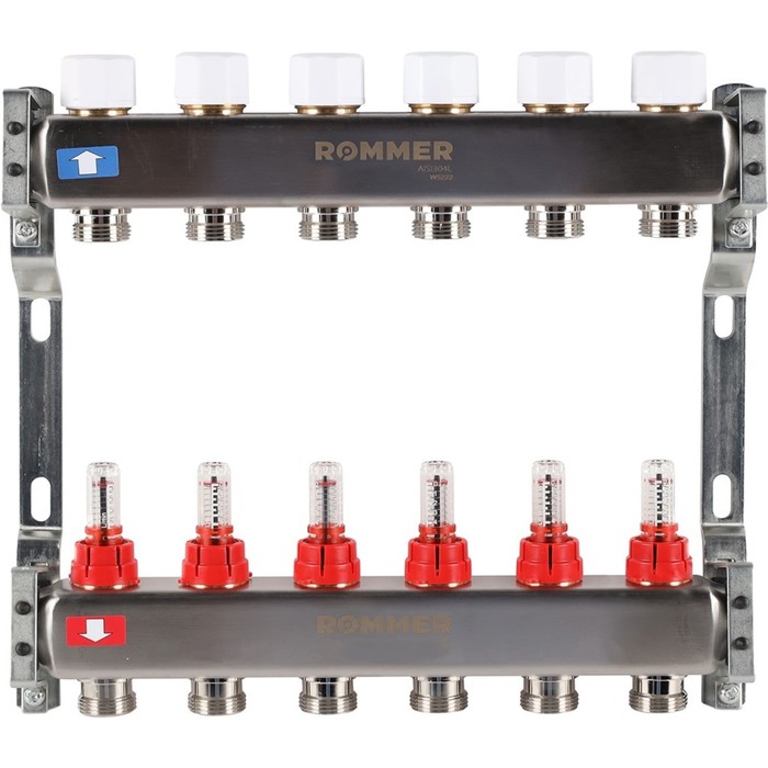 Коллектор ROMMER RMS-1200-000006, 1"х3/4", 6 выходов, с расходомерами, нержавеющая сталь - Фото 1