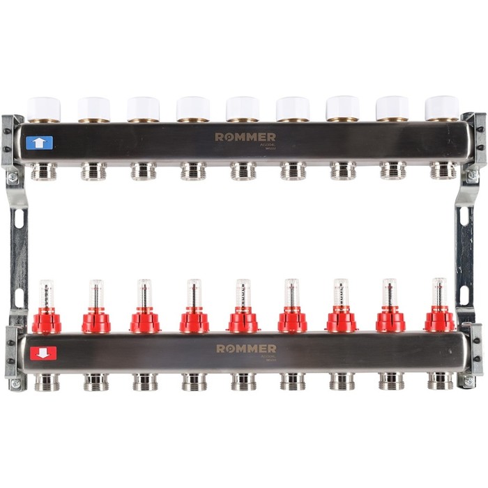 Коллектор ROMMER RMS-1200-000009, 1"х3/4", 9 выходов, с расходомерами, нержавеющая сталь - Фото 1