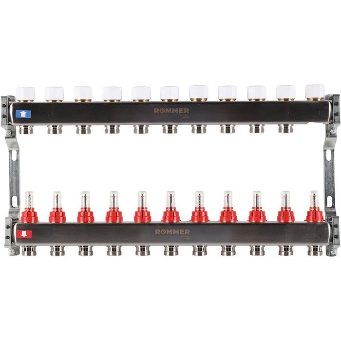 Коллектор ROMMER RMS-1200-000011, 1"х3/4", 11 выходов, с расходомерами, нержавеющая сталь - Фото 1