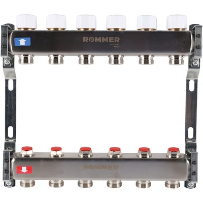 Коллектор ROMMER RMS-3200-000006, 1"х3/4", 6 выходов, без расходомеров, нержавеющая сталь