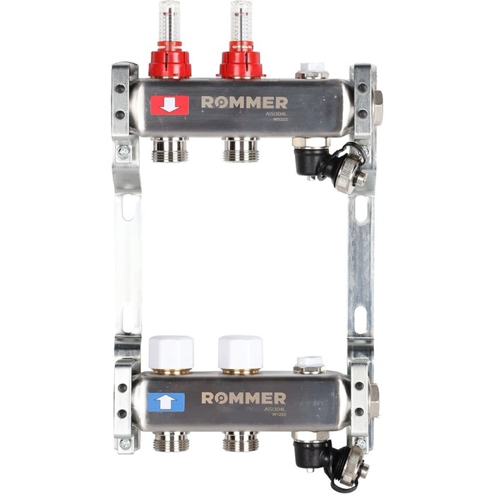 Коллектор ROMMER RMS-1201-000002, 1"х3/4", 2 выхода, расходомеры, клапан, слив, нерж. сталь - Фото 1