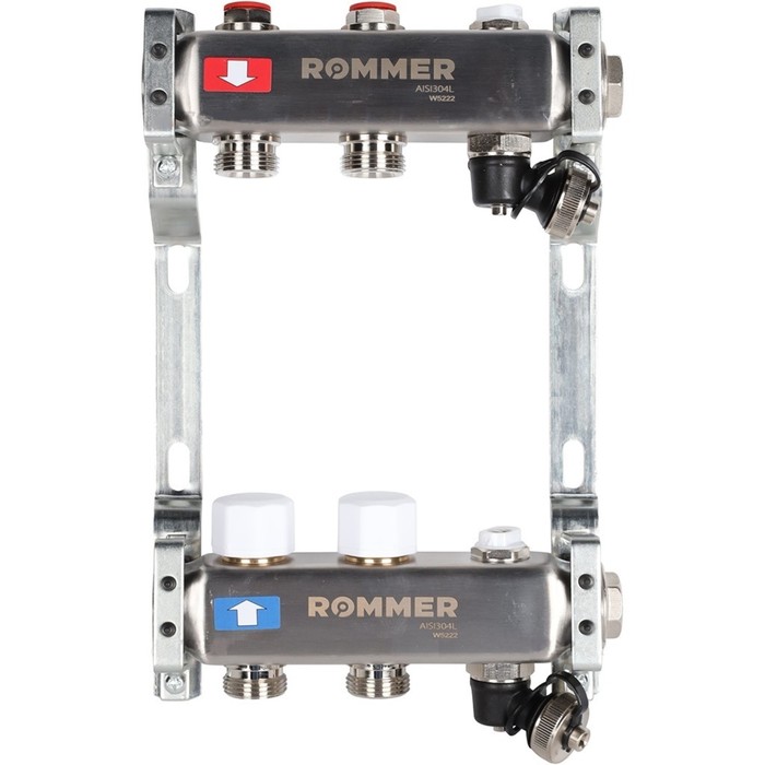 Коллектор ROMMER RMS-3201-000002, 1"х3/4", 2 выхода, без расходомеров, клапан, слив, нерж - Фото 1