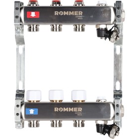 Коллектор ROMMER RMS-3201-000003, 1"х3/4", 3 выхода, без расходомеров, клапан, слив, нерж