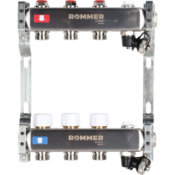 Коллектор ROMMER RMS-3201-000003, 1"х3/4", 3 выхода, без расходомеров, клапан, слив, нерж - Фото 1