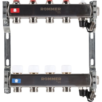 Коллектор ROMMER RMS-3201-000004, 1"х3/4", 4 выхода, без расходомеров, клапан, слив, нерж
