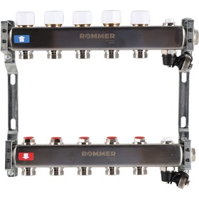Коллектор ROMMER RMS-3201-000005, 1"х3/4", 5 выходов, без расходомеров, клапан, слив, нерж