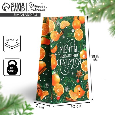 Пакет без ручек «Мечты обязательно сбудутся», 10×19.5×7 см, Новый год