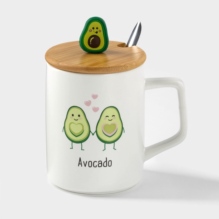 Кружка с крышкой и ложкой Avocado, 360 мл, керамика, белая - Фото 1