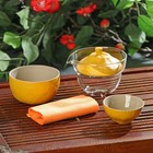 Набор для чайной церемонии керамический «Лимон», 6 предметов: стеклянная чаша с крышкой 210 мл, 2 керамические чаши 40 мл и 150 мл, салфетка, сумка, цвет жёлтый - фото 19828788