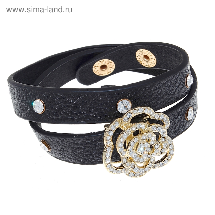 Браслет кожа «Цветок» роза в стразах, цвет чёрный - Фото 1