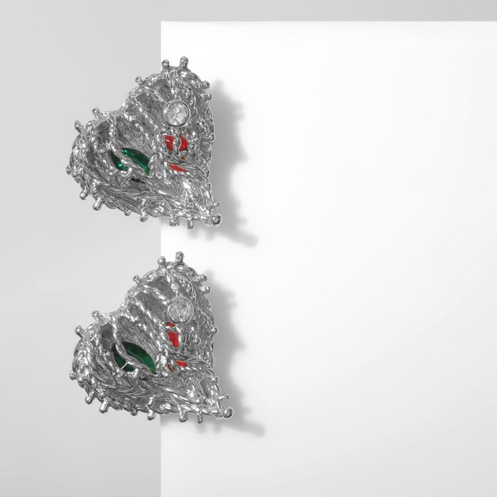 Серьги со стразами «Сердце» в проволоке, цветные в серебре - Фото 1