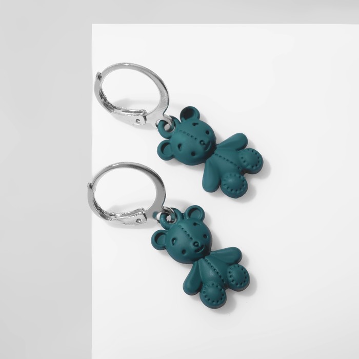 Серьги металл «Мишки», плюшевые, зелёные в серебре