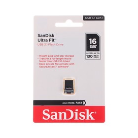 Флешка SanDisk Ultra Fit, 16 Гб, USB 3.1, чт до 130 Мб/с, зап до 40 Мб/с, черная