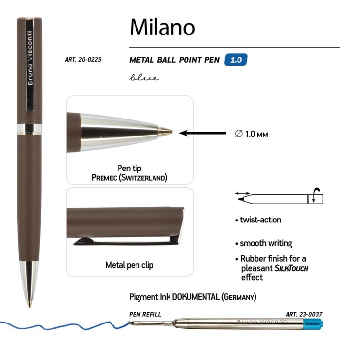 Ручка шариковая автоматическая BrunoVisconti MILANO, 1,0 мм, матовый коричневый корпус Soft Touch, синие чернила