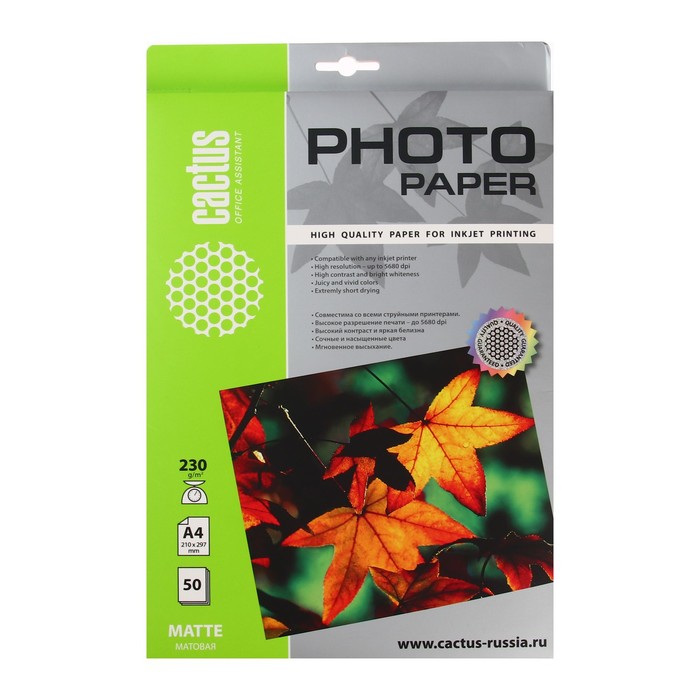 Фотобумага для струйной печати А4, 50 листов Cactus, 230 г/м2, односторонняя, матовая - Фото 1