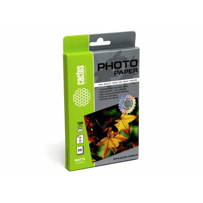 Фотобумага для струйной печати А6 (100 х 150 мм), 50 листов Cactus, 190 г/м2, односторонняя, матовая - Фото 1