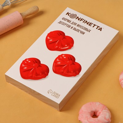 Форма для муссовых десертов и выпечки KONFINETTA «Сердце с бантом», силикон, 19×17×6.5 см, 6 ячеек (7.1×6×2.5 см), белая