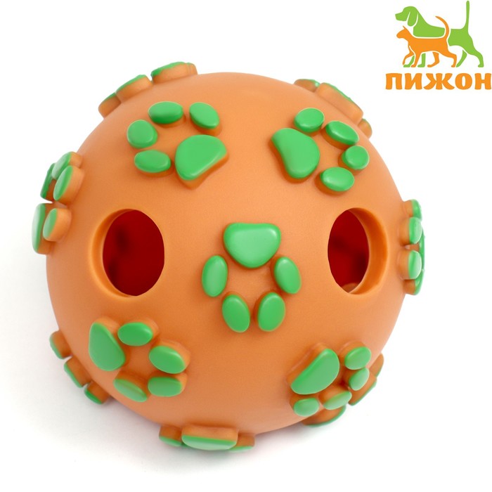 Мячик "Лапки" для собак с отверстиями, 8 см, оранжевый/зелёный - Фото 1