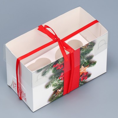 Коробка для капкейка «С Новым годом», хвоя и ягоды, 16 х 8 х 10 см, Новый год