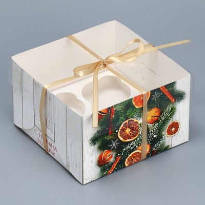 Коробка для капкейка «Хвоя, корица, апельсин», 16 × 16 × 10 см