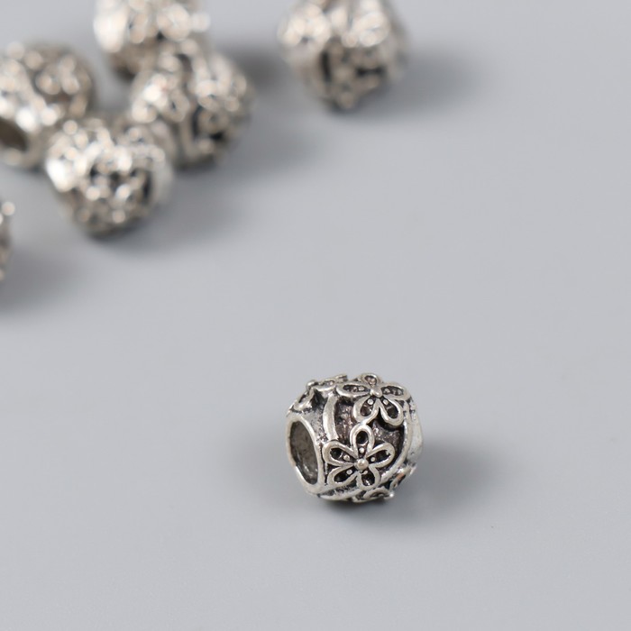 Бусина для творчества металл «С ромашками», серебро 1 см