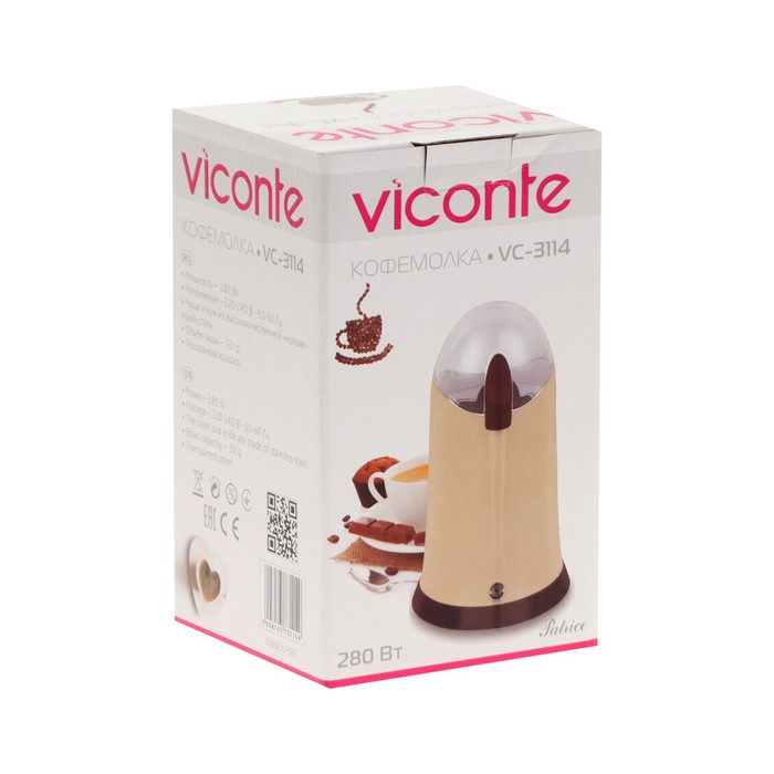 Кофемолка Viconte VC-3114, электрическая, ножевая, 280 Вт, 50 г, бежевая