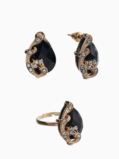 Гарнитур 3 предмета: серьги, кулон, кольцо «Капли», цвет чёрно-белый в золоте, 45 см