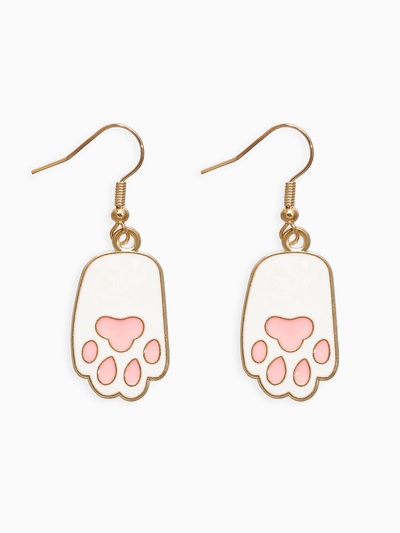 Серьги с эмалью «Лапка» кота, розово-белые в золоте