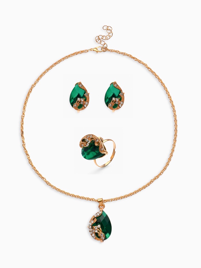 Гарнитур 3 предмета: серьги, кулон, кольцо «Капли», цвет бело-зелёный в золоте, 45 см - Фото 1