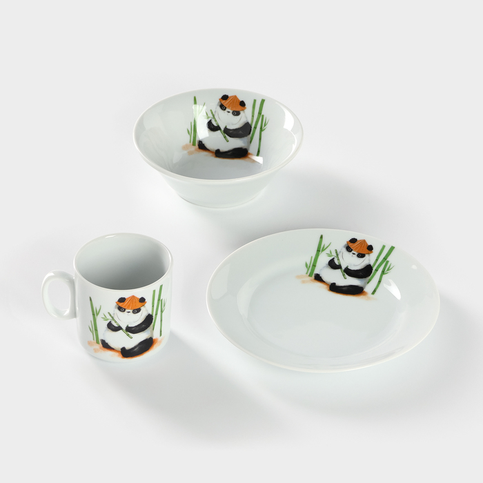 Набор детской фарфоровой посуды «Панда», 3 предмета: кружка 200 мл, миска 350 мл, тарелка d=17 см - Фото 1