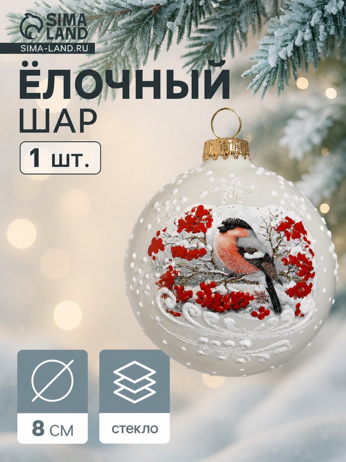Ёлочный шар новогодний «Снегирь на ветке» h=8 см - Фото 1