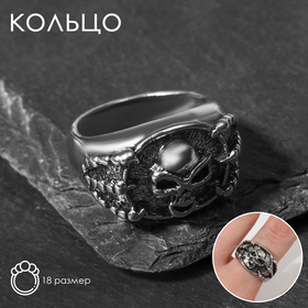 Кольцо "Перстень" череп и когти, цвет чернёное серебро, 18 размер
