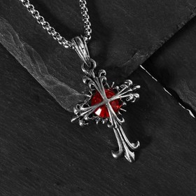 Кулон "Крест" узор, цвет красный в чернёном серебре, L=70см